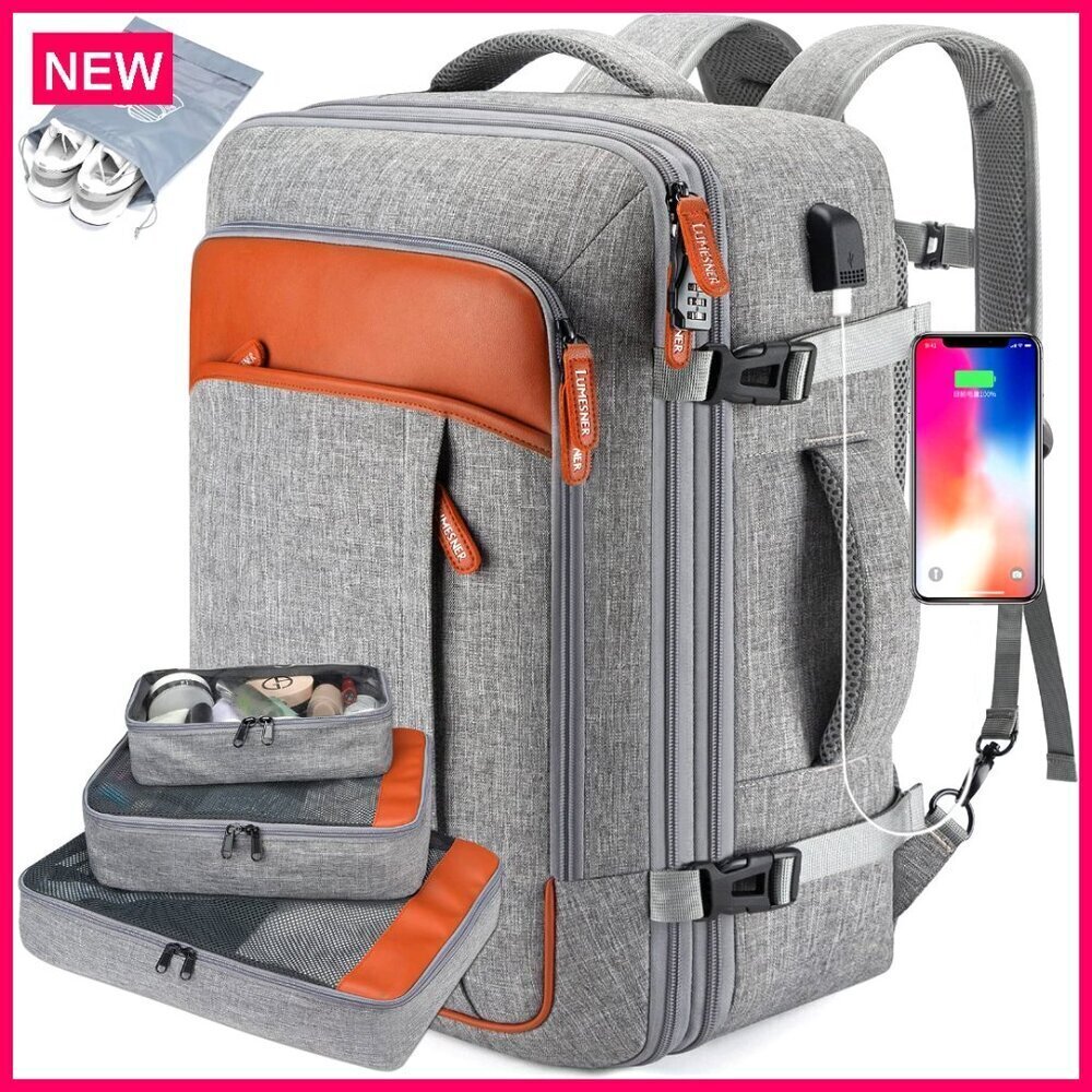 Large 40L Expandable Travel Backpack with USB Port, Laptop Compartment, 4